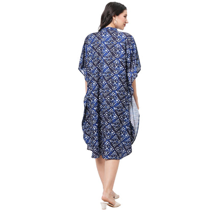 Hashtag Be featuring an indigo kaftan in two prints complimenting each other with front button placket