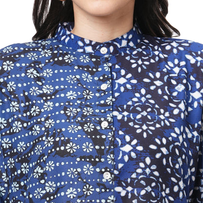 Hashtag Be featuring an indigo kaftan in two prints complimenting each other with front button placket