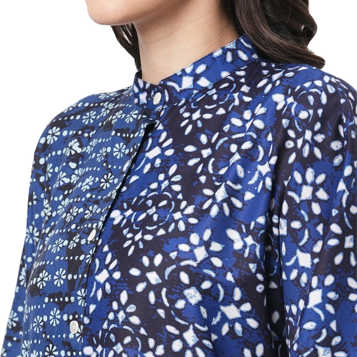 Hashtag Be featuring an indigo kaftan in two prints complimenting each other with front button placket