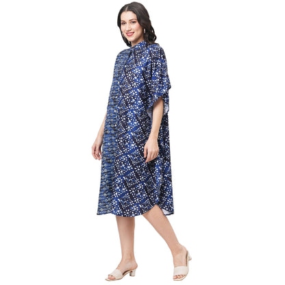 Hashtag Be featuring an indigo kaftan in two prints complimenting each other with front button placket