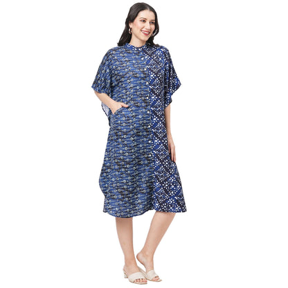 Hashtag Be featuring an indigo kaftan in two prints complimenting each other with front button placket