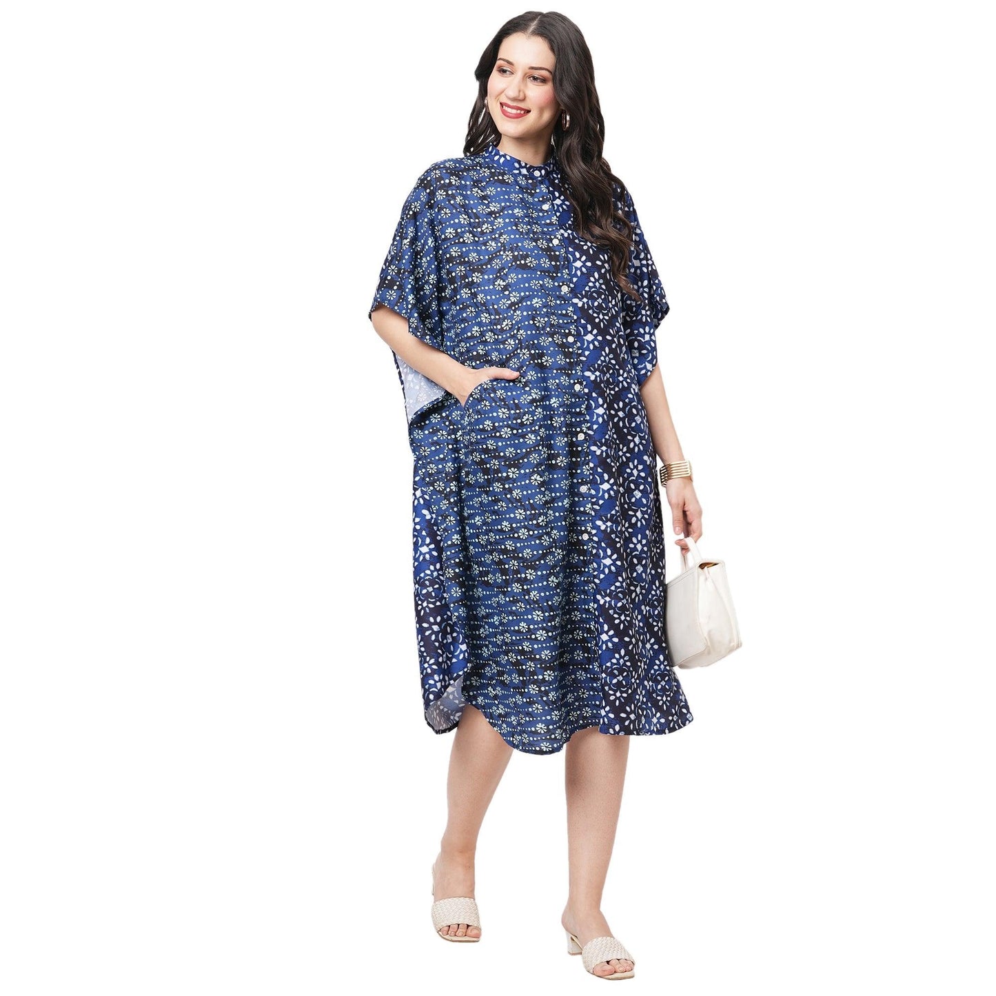 Hashtag Be featuring an indigo kaftan in two prints complimenting each other with front button placket