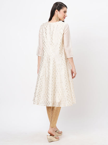 Hashtag Be Opulent offwhite chanderi Anarkali kurta with two prints in gold and complimenting gold chord at the neck