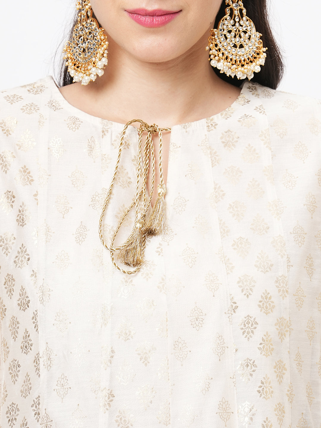 Hashtag Be Opulent offwhite chanderi Anarkali kurta with two prints in gold and complimenting gold chord at the neck