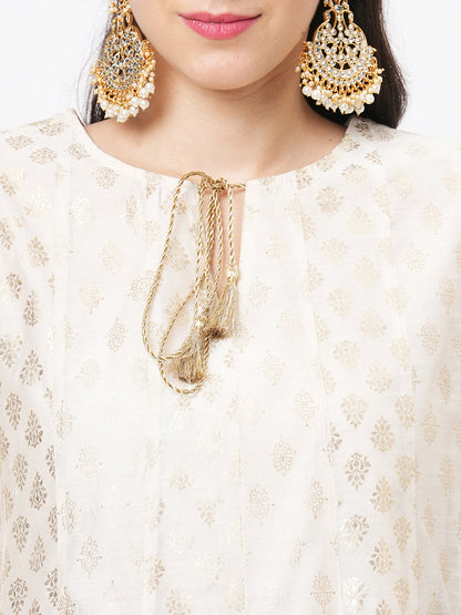 Hashtag Be Opulent offwhite chanderi Anarkali kurta with two prints in gold and complimenting gold chord at the neck