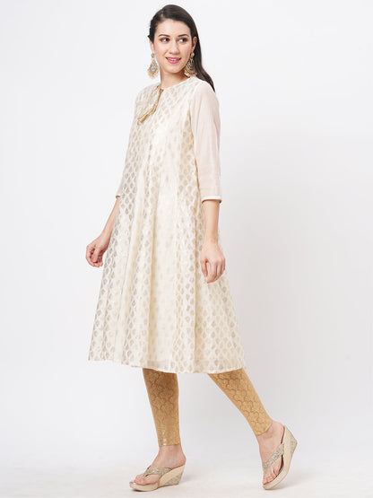 Hashtag Be Opulent offwhite chanderi Anarkali kurta with two prints in gold and complimenting gold chord at the neck