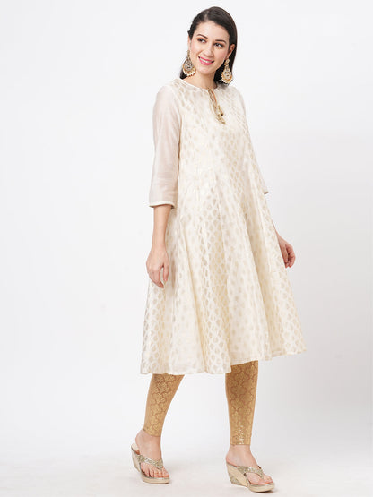 Hashtag Be Opulent offwhite chanderi Anarkali kurta with two prints in gold and complimenting gold chord at the neck