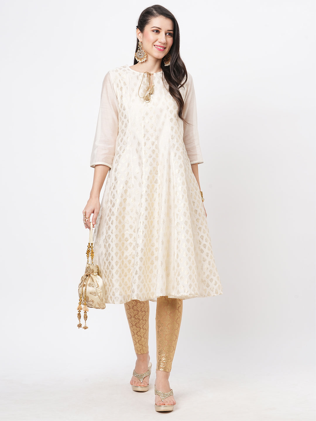 Hashtag Be Opulent offwhite chanderi Anarkali kurta with two prints in gold and complimenting gold chord at the neck