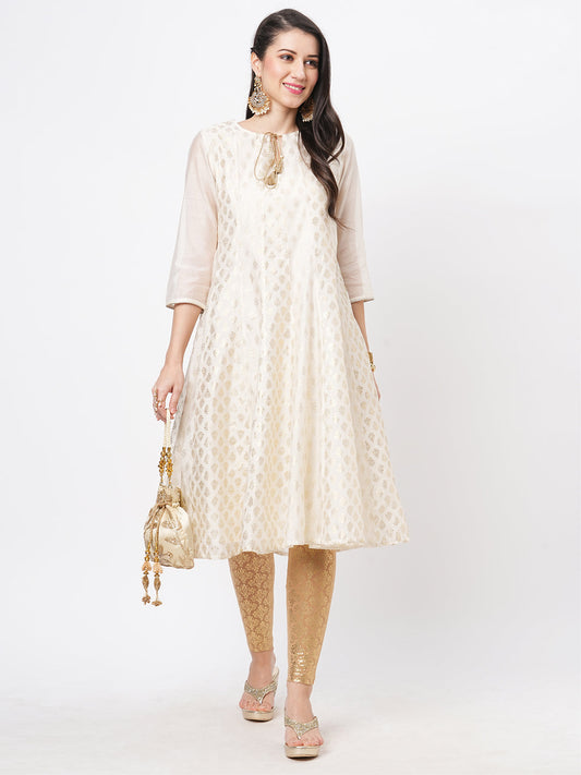 Hashtag Be Opulent offwhite chanderi Anarkali kurta with two prints in gold and complimenting gold chord at the neck