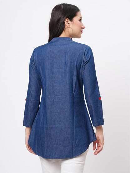 Hashtag Be Featuring denim blue tunic with multi colored thread embroidery