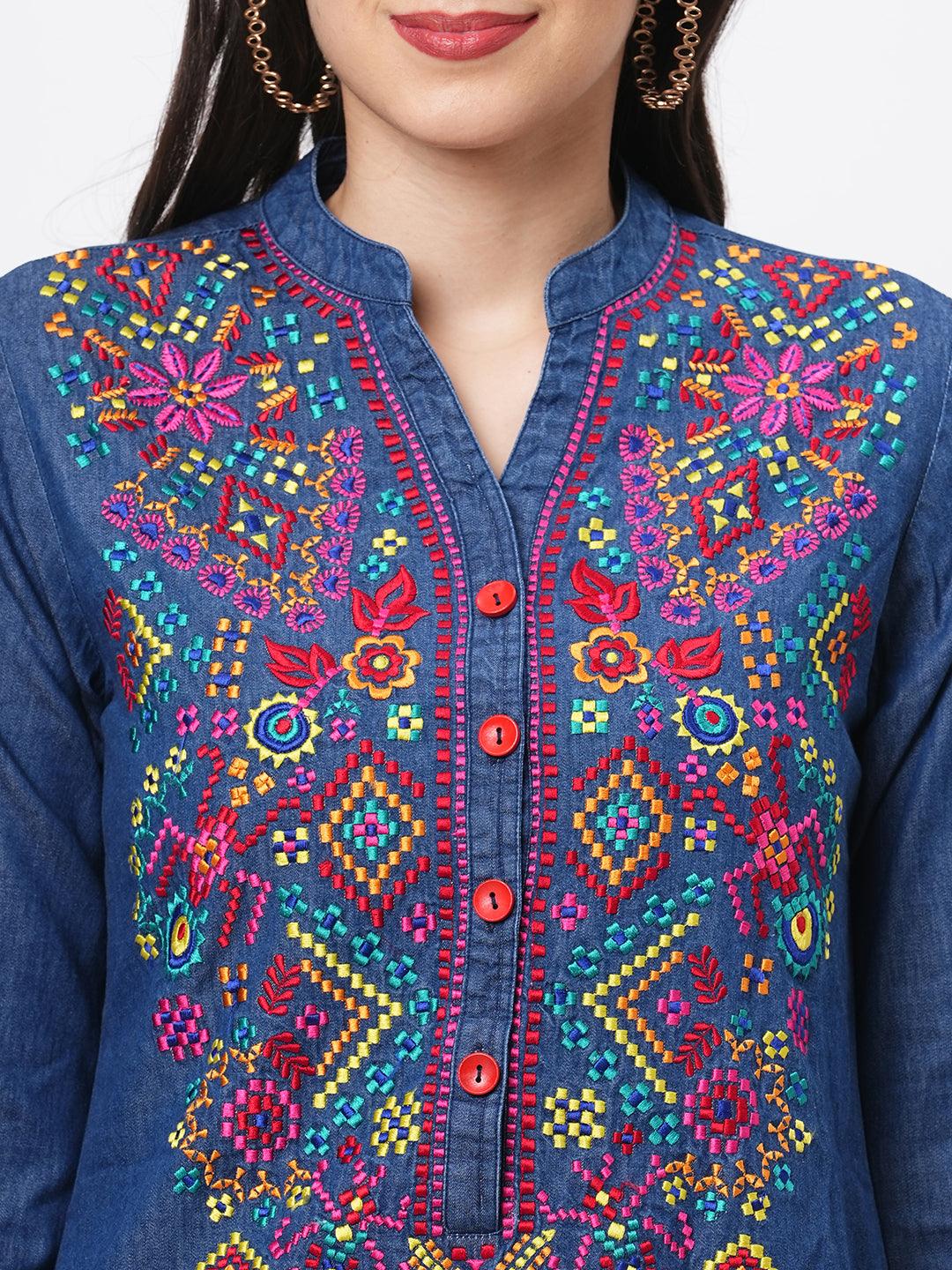 Hashtag Be Featuring denim blue tunic with multi colored thread embroidery
