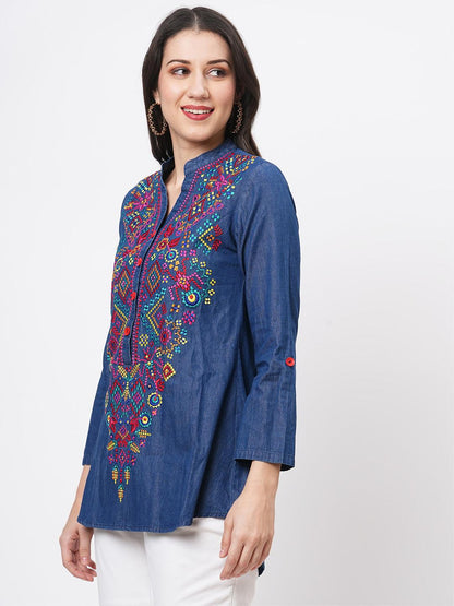 Hashtag Be Featuring denim blue tunic with multi colored thread embroidery