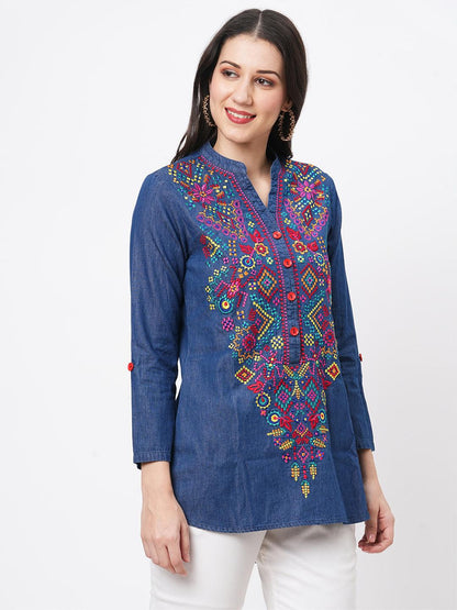Hashtag Be Featuring denim blue tunic with multi colored thread embroidery