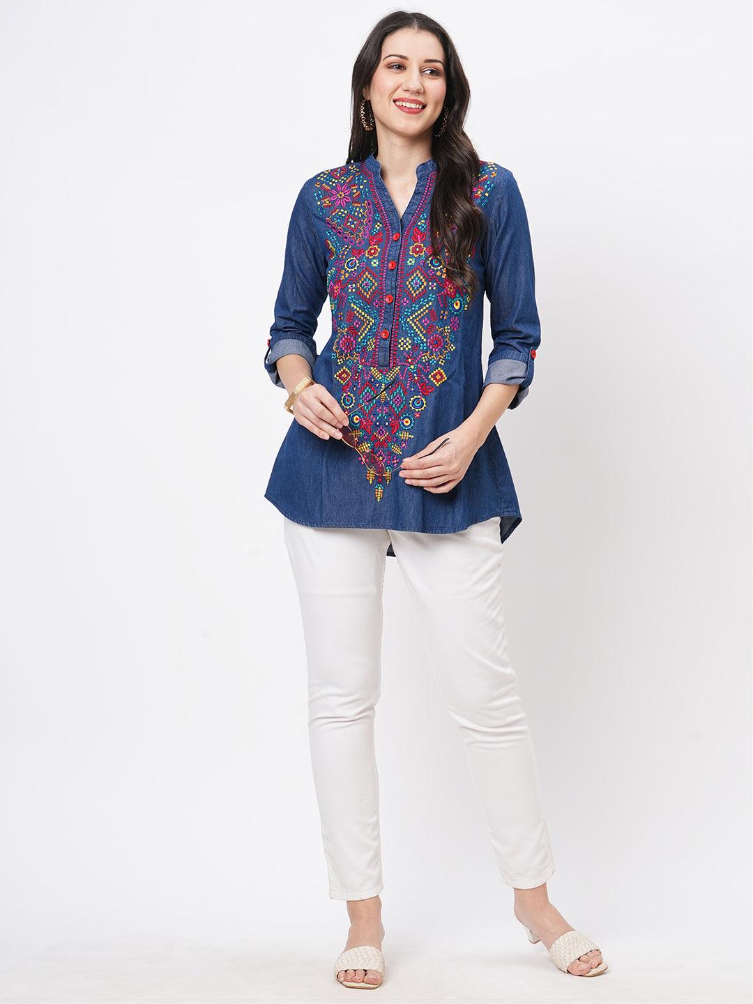 Hashtag Be Featuring denim blue tunic with multi colored thread embroidery