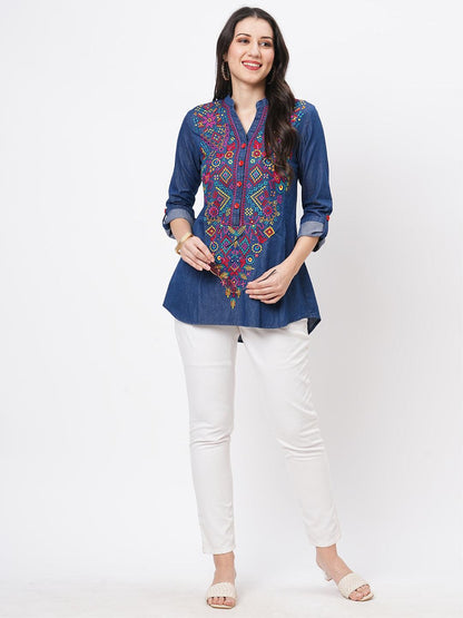 Hashtag Be Featuring denim blue tunic with multi colored thread embroidery