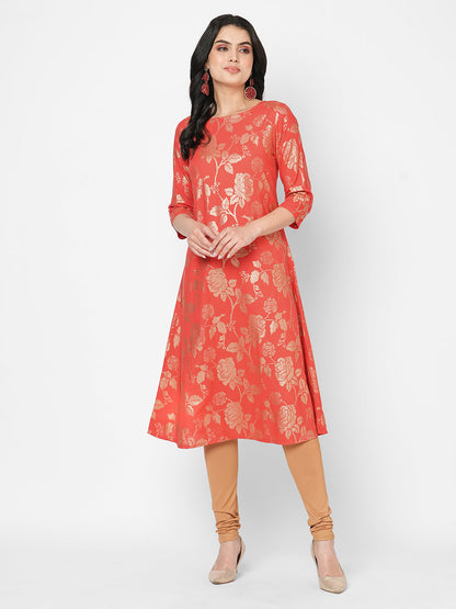 Hashtag Be Fit and flare festive coral kurta with gold all over print
