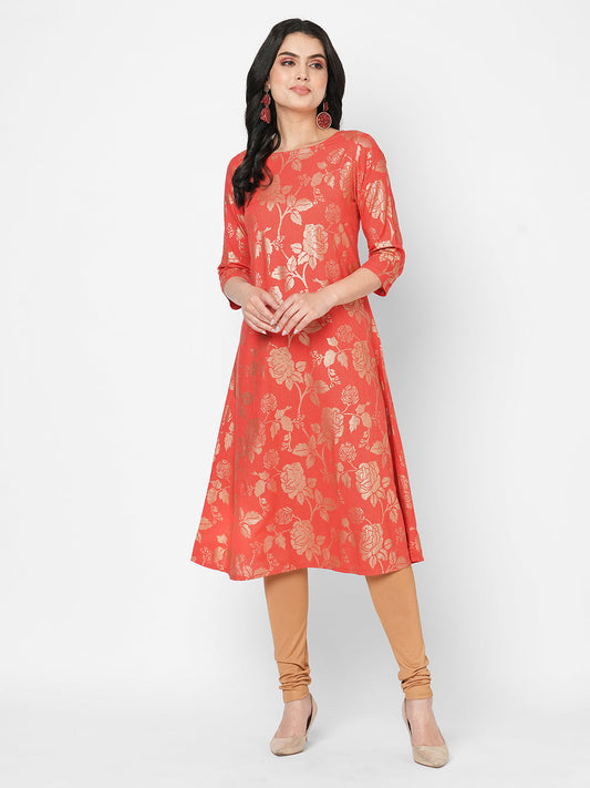 Hashtag Be Fit and flare festive coral kurta with gold all over print