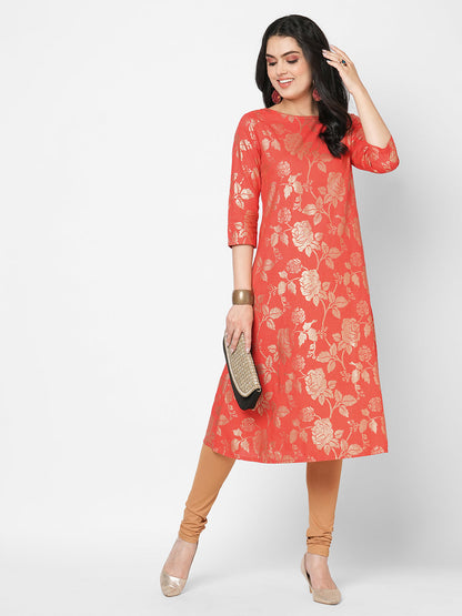 Hashtag Be Fit and flare festive coral kurta with gold all over print