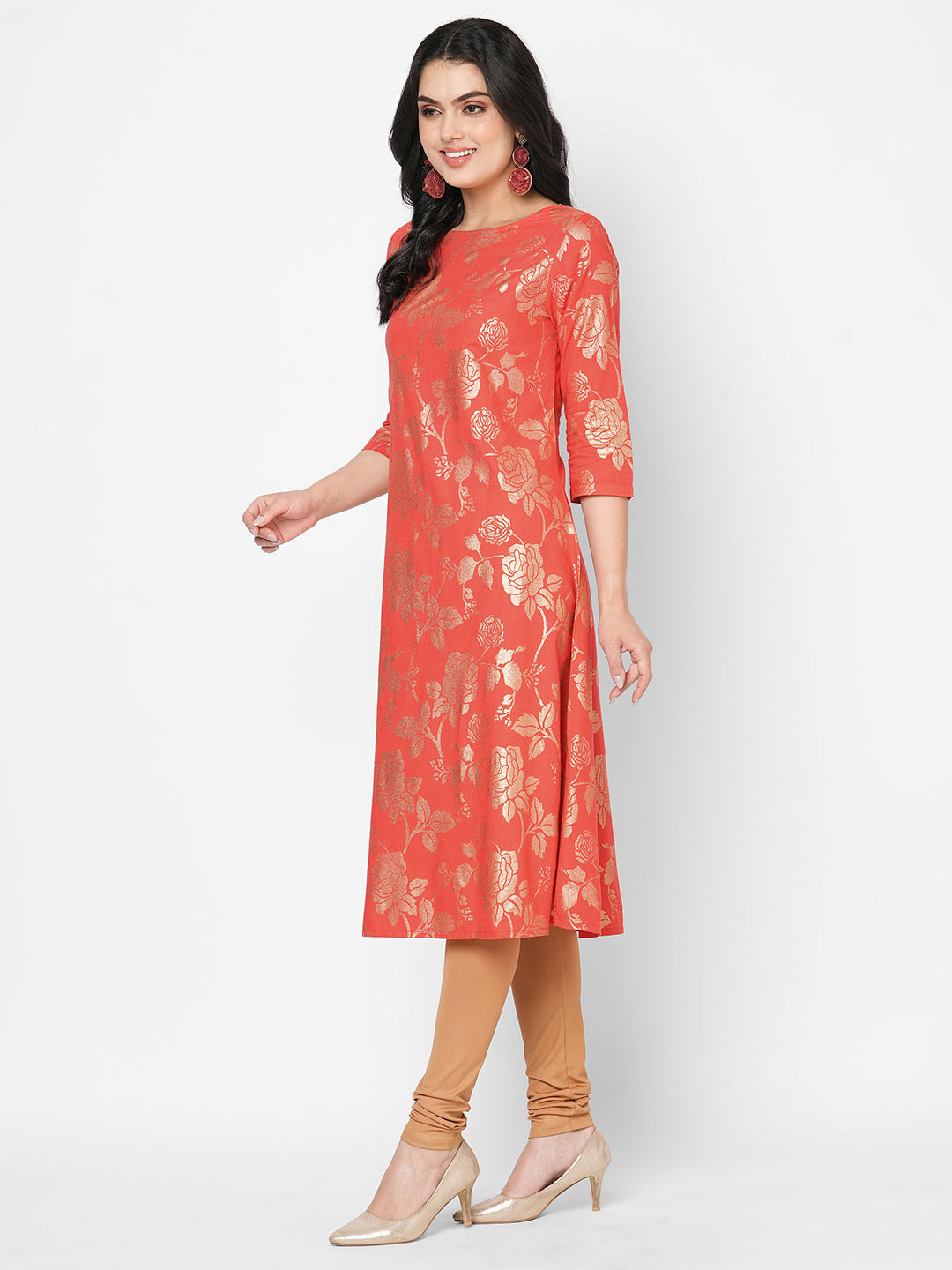 Hashtag Be Fit and flare festive coral kurta with gold all over print