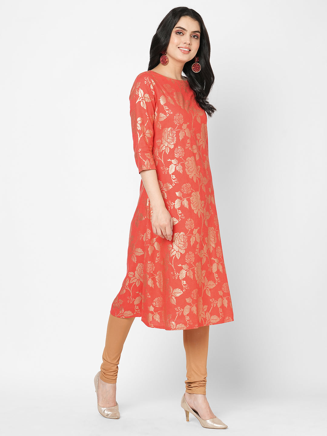 Hashtag Be Fit and flare festive coral kurta with gold all over print