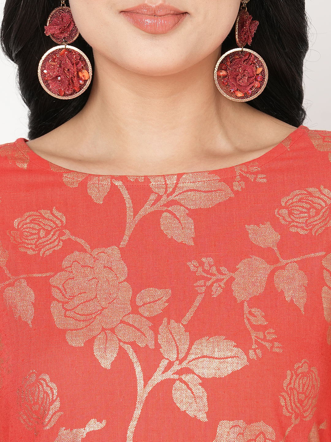 Hashtag Be Fit and flare festive coral kurta with gold all over print