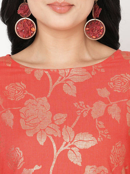 Hashtag Be Fit and flare festive coral kurta with gold all over print