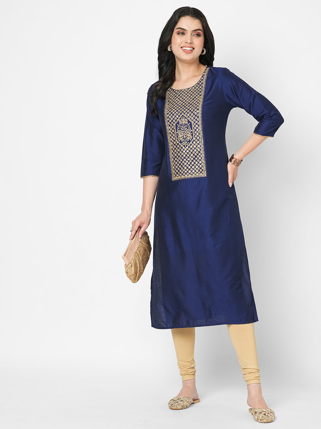 Hashtag Be Beautiful midnight blue straight fit kurta with embroidered long yoke