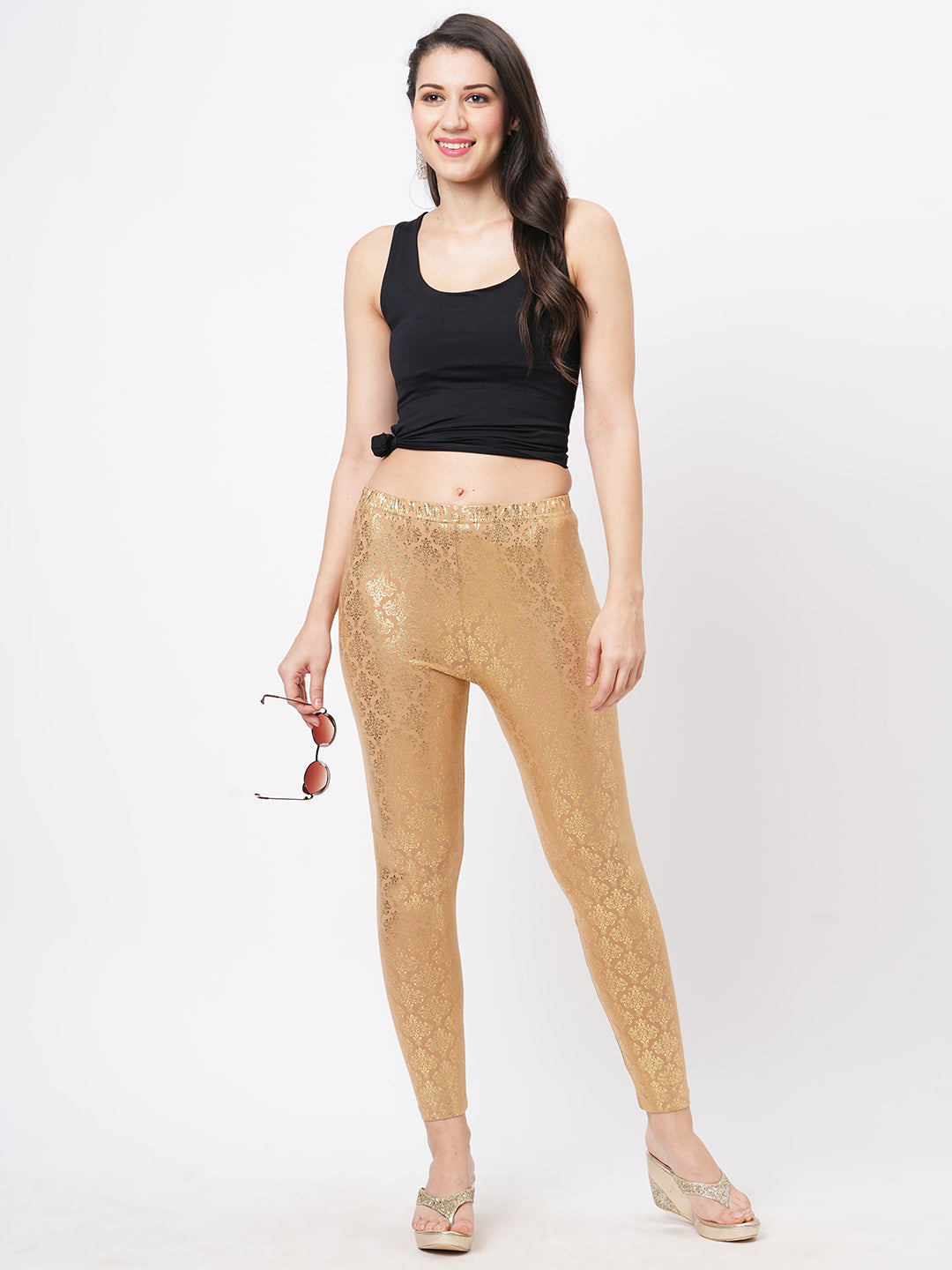 Hashtag Be Spell binding gold foil printed cotton lycra Beige legging handcrafted for you.