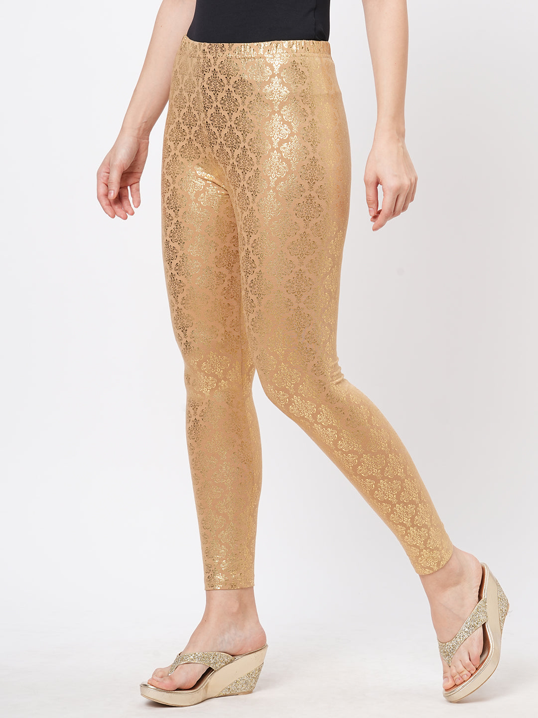 Hashtag Be Spell binding gold foil printed cotton lycra Beige legging handcrafted for you.