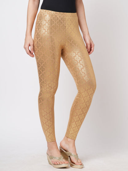 Hashtag Be Spell binding gold foil printed cotton lycra Beige legging handcrafted for you.