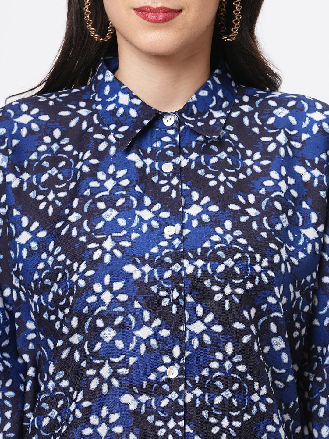 Hashtag Be Kaftan shirt with front button placket in Blue print