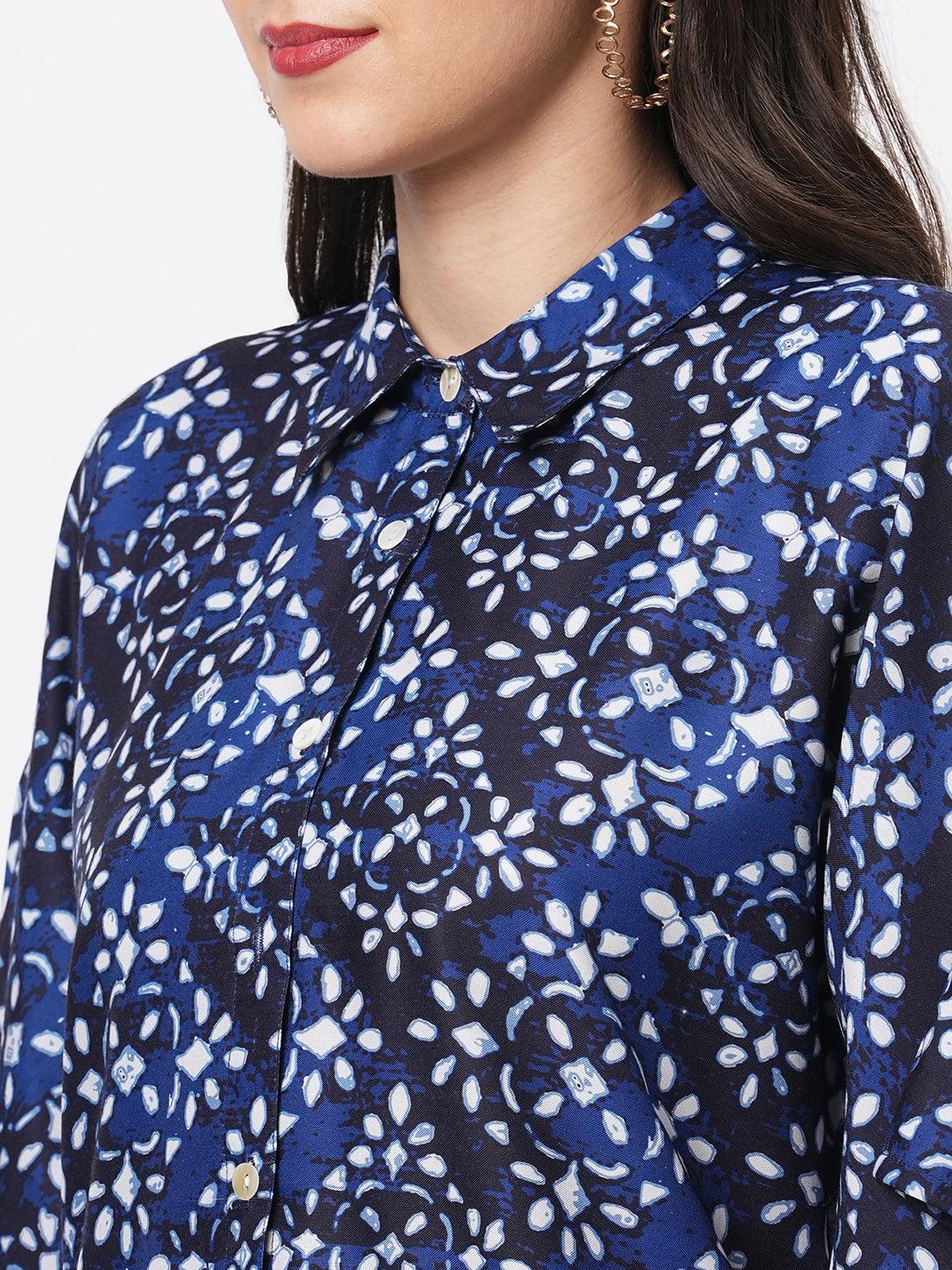 Hashtag Be Kaftan shirt with front button placket in Blue print