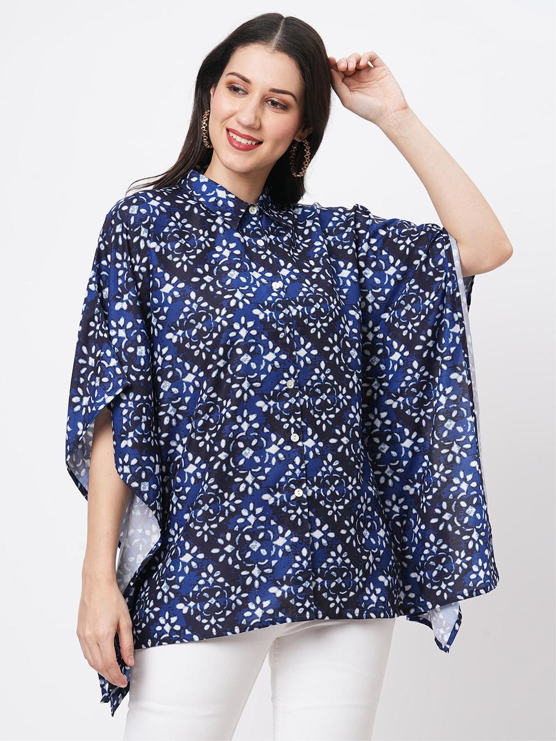 Hashtag Be Kaftan shirt with front button placket in Blue print