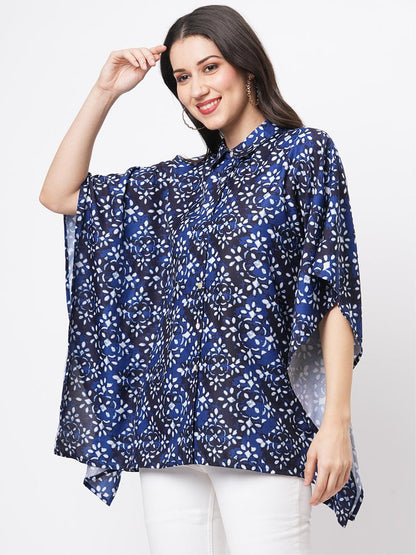 Hashtag Be Kaftan shirt with front button placket in Blue print