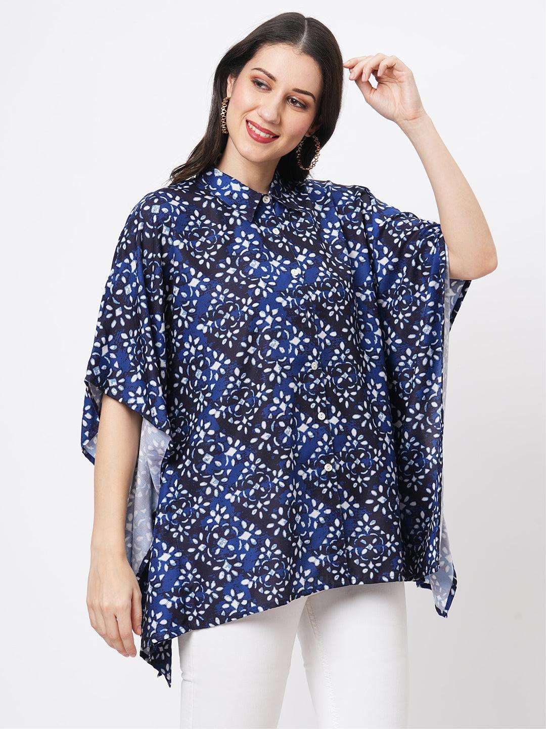 Hashtag Be Kaftan shirt with front button placket in Blue print