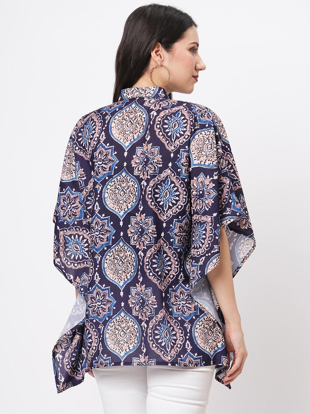 Hashtag Be Kaftan shirt with front button placket in indigo print