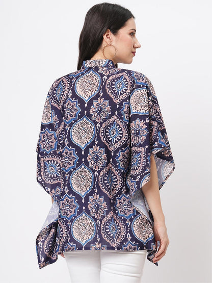 Hashtag Be Kaftan shirt with front button placket in indigo print