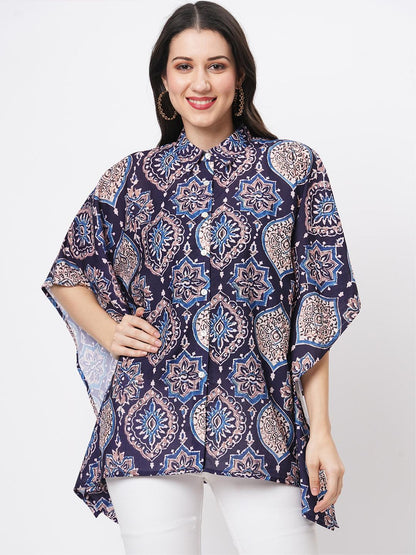 Hashtag Be Kaftan shirt with front button placket in indigo print