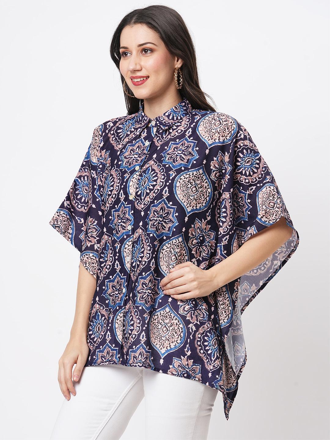 Hashtag Be Kaftan shirt with front button placket in indigo print