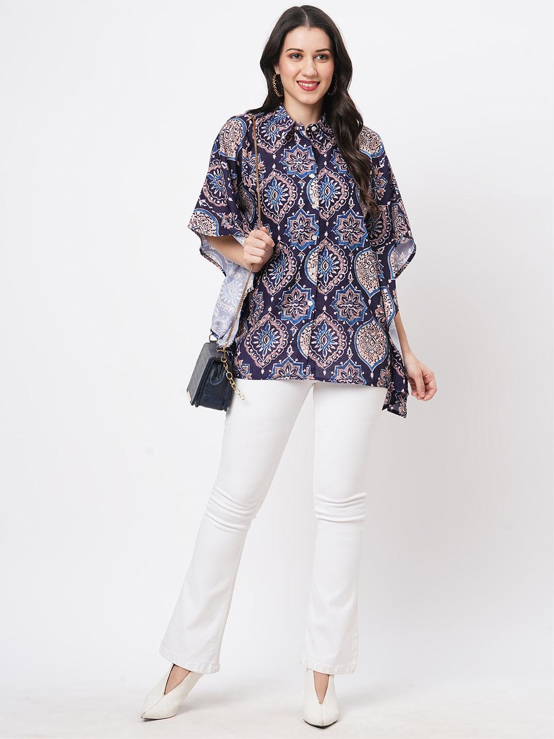 Hashtag Be Kaftan shirt with front button placket in indigo print