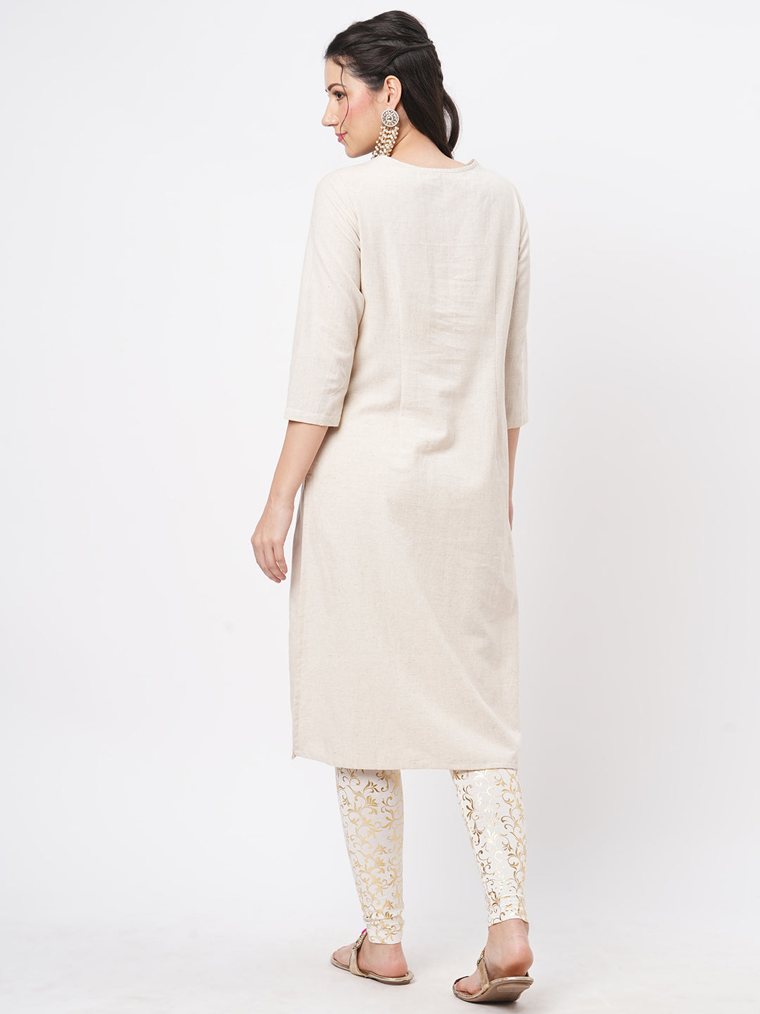 Hashtag Be kurta with yoke chikankari embroidery in natural color