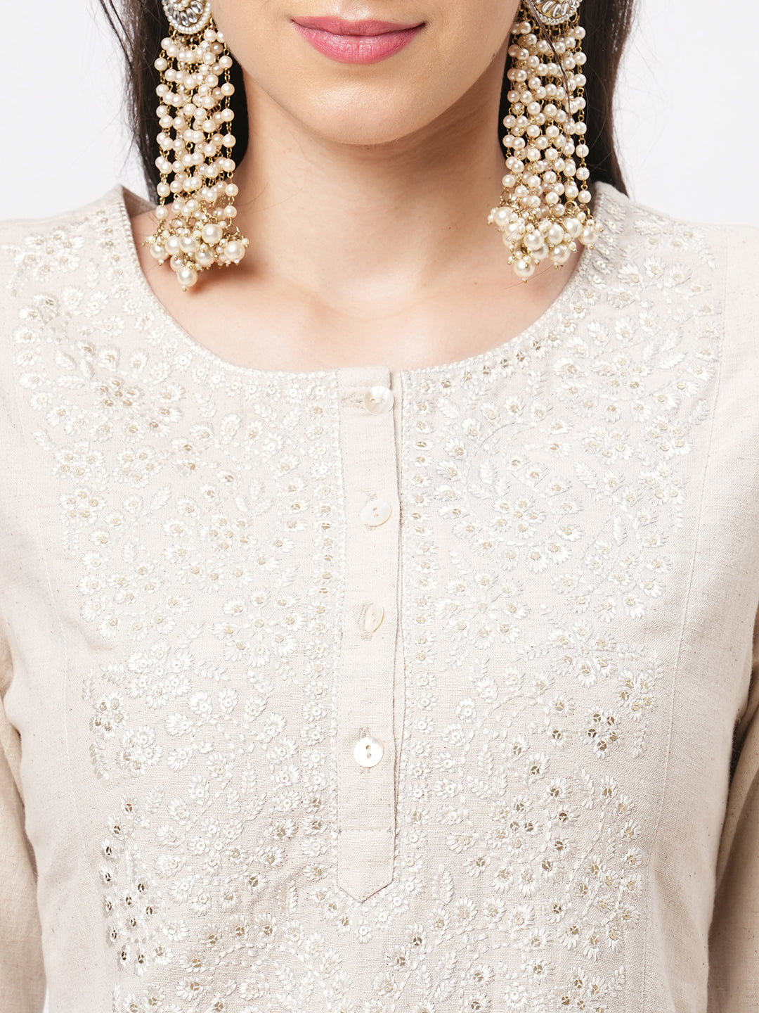 Hashtag Be kurta with yoke chikankari embroidery in natural color