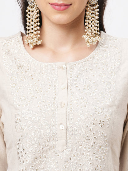 Hashtag Be kurta with yoke chikankari embroidery in natural color
