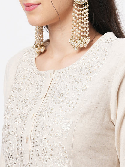 Hashtag Be kurta with yoke chikankari embroidery in natural color