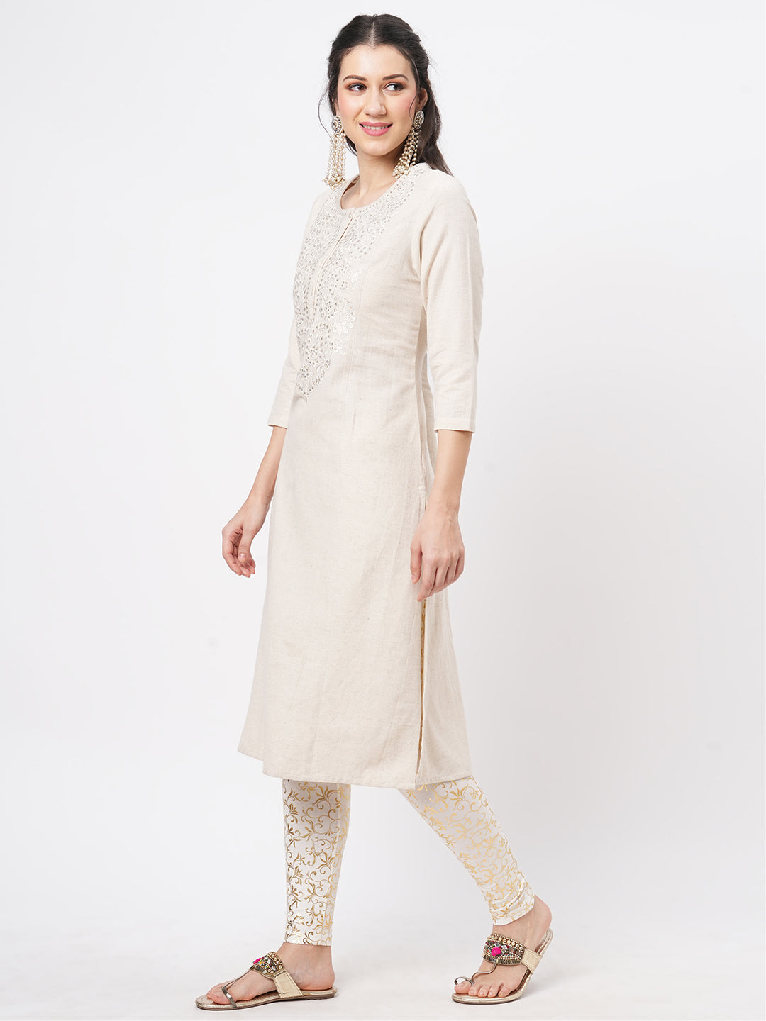 Hashtag Be kurta with yoke chikankari embroidery in natural color