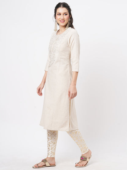 Hashtag Be kurta with yoke chikankari embroidery in natural color