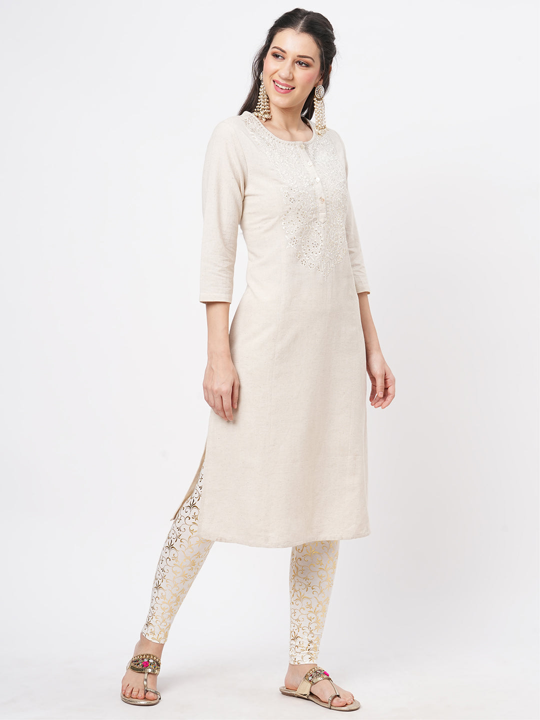 Hashtag Be kurta with yoke chikankari embroidery in natural color