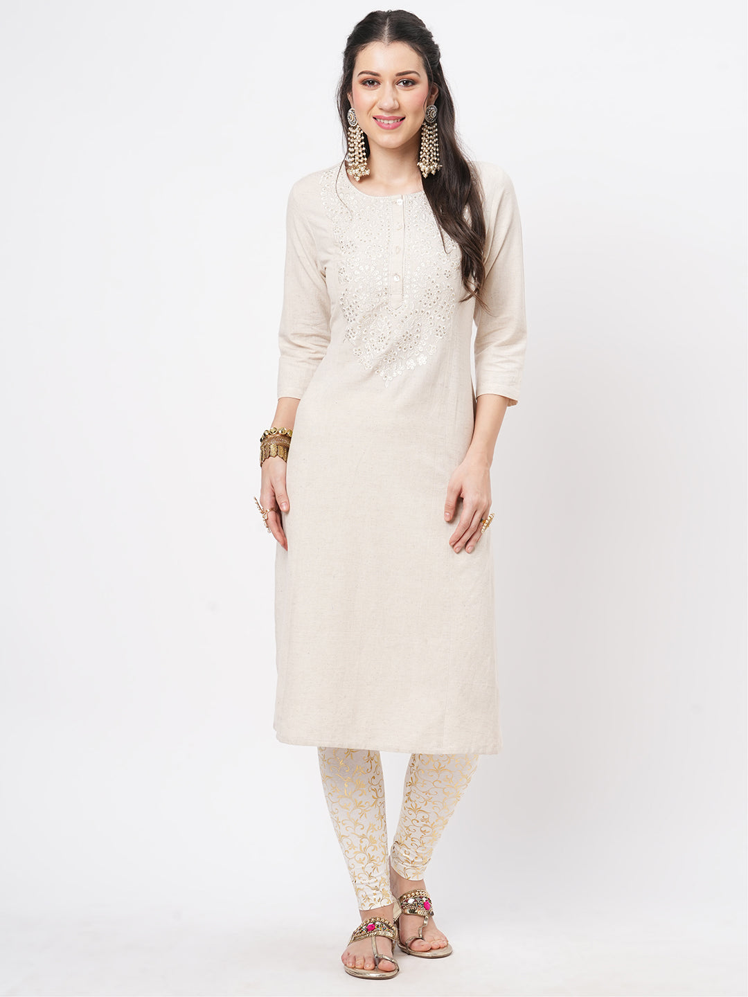 Hashtag Be kurta with yoke chikankari embroidery in natural color