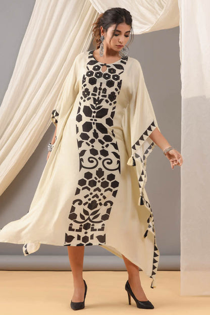 Cream Panel Print Women Kaftan