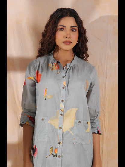 Grey Floral Print Women Kurta Set